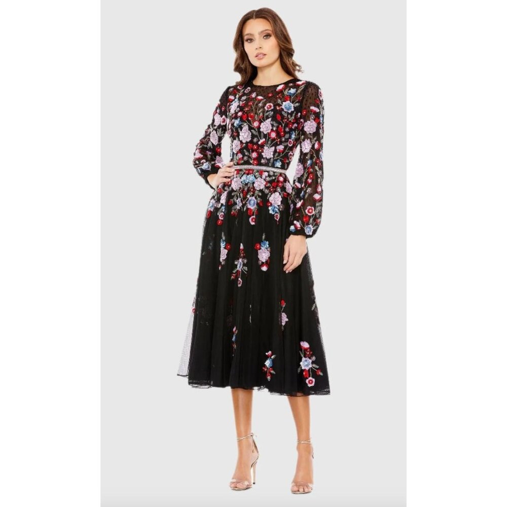 Mac Duggal Black Midi Dress with Multicolor Floral Embroidery
